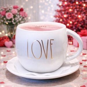 NEW Rae Dunn "LOVE" Teacup & Saucer | Pink Interior | Gold Lettering | Valentin